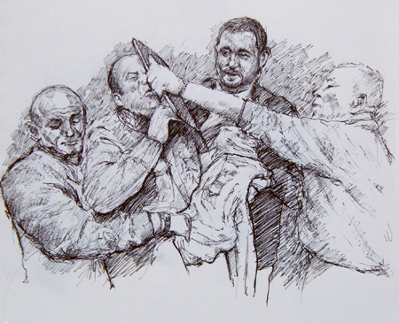 Péter Donka, risba, 2013: napad na umetnika Csabo Nemesa s strani predstavnika Madžarske akademije umetnosti.